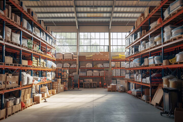 Warehouse interior with shelves full of boxes and goods.
