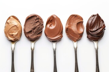 Top view of isolated spoons with chocolate nougat cream on white background