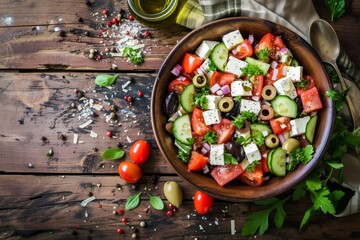Obraz na płótnie Canvas Top view of Mediterranean salad with olives and feta on wooden table