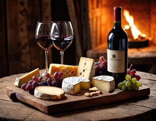 Tray with wine, cheese and grapes in a cozy country house. The charm of a rural lifestyle.