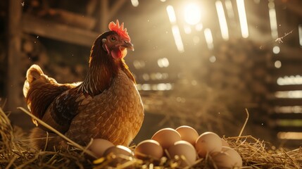 A hen with eggs in a barn, cinematic light casting a glow on a timeless farm scene AI Generative. - obrazy, fototapety, plakaty