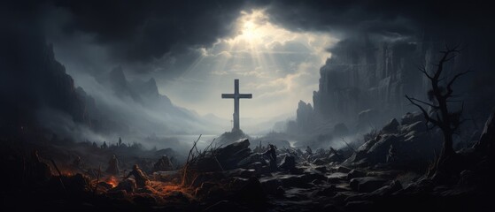 A dark and stormy night. A single cross stands on a hill, silhouetted against the sky.