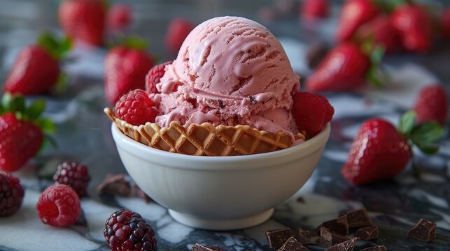 strawberry vanilla chocolate ice cream woth waffle cone on marble stone backgrounds,art image