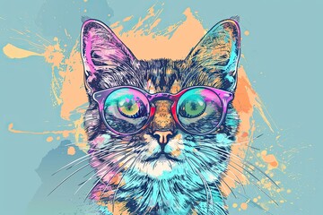 Cartoon Cat cool with Eye glasses. Handrawn colorful illustration Animal graphics