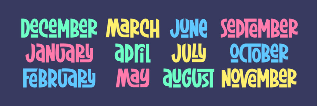 Months Names Handwritten Set. Vector Hand Lettering for Calendar, Planner, Organizer, Scrapbooking, Bullet Journal Collection. Words January, February, March, April, May, June, July, August.