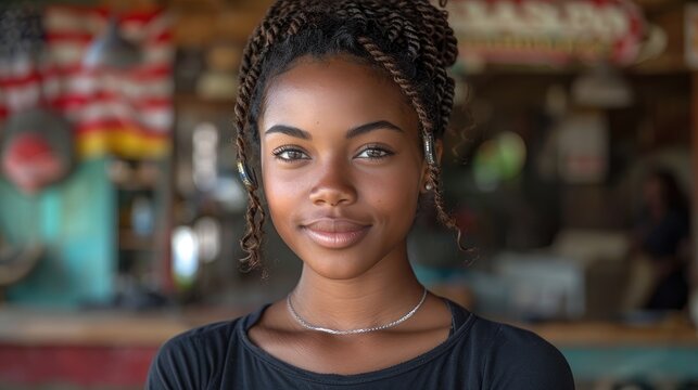young black female usa american election voter portrait in front of american flag stock image