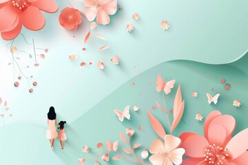 Woman Standing in Front of Blue Background With Pink Flowers