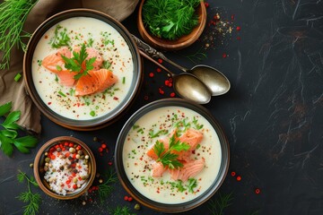 Top view of Norwegian cream and salmon soup on a dark stone background