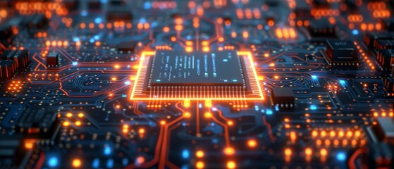 Obraz premium Futuristic AI Chip Illuminated by Neon Blue and Purple Lights on Complex Circuit Board. Advanced Technology Concept.