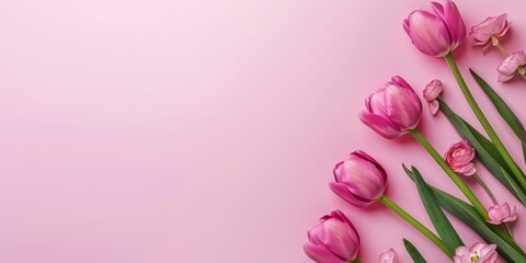 Pink Tulips on Pink Background With Green Stems
