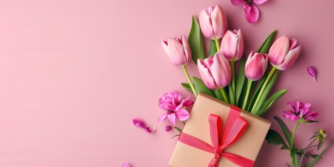 Wrapped Present With Pink Tulips on Pink Background