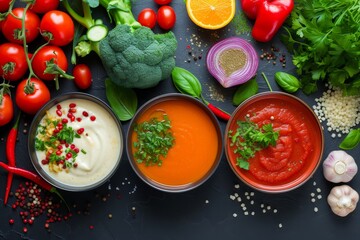 Top view of various vibrant vegetables and ingredients for cream soups representing healthy and vegetarian diet