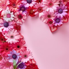 Heart Shaped Frame of Pink and Purple Flowers
