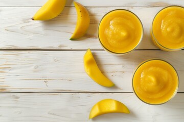 Top view of white wood with mango smoothies juice and yellow fruit