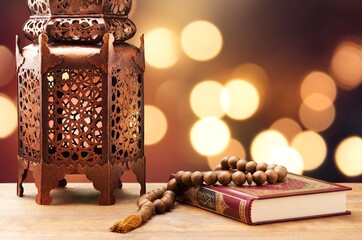 Islamic concept, Quran book and a beautiful lamp