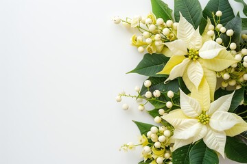 Traditional Christmas decoration with white poinsettia flower and mistletoe bunch