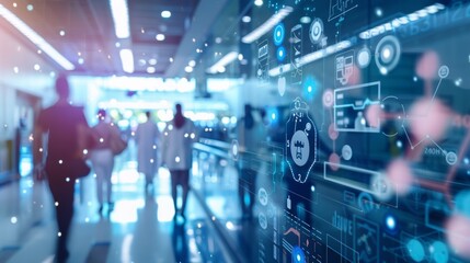 A gentle blur highlights the foreground of a bustling medical convention where intricate diagrams and charts of latest medical breakthroughs adorn the walls. The blurred figures in .