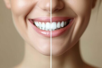 Transformation of a woman s smile showcased before and after of dental improvement and enhanced beauty