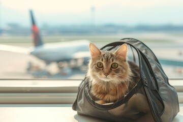 Traveling with pets by plane a cute cat in a carrier bag on an airport windowsill near an airplane