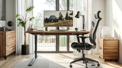 Ergonomic computer setup with standing desk in bright office