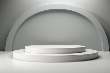 3D rendering of a white podium with two steps on a white background with a softbox on top