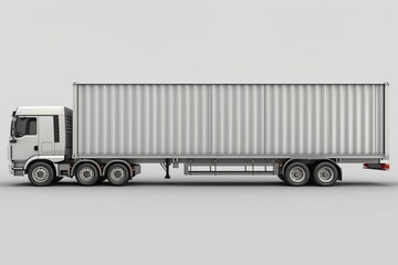Truck trailer carrying a container for cargo delivery seen from the side Large commercial freight vehicle with branding mockup