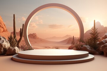 3d rendering of a product display stage in the middle of a vast desert - obrazy, fototapety, plakaty