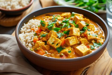 Vegan curry with tofu and brown rice