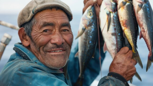 With a look of pure joy on his face a fisherman holds up a string of freshly caught fish his boat nearly overflowing with the days successful bounty. .