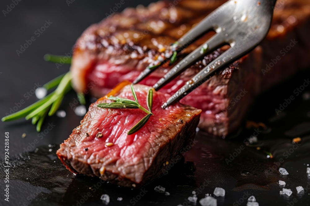 Wall mural Vertical image of American cuisine showcasing a rare Wagyu porterhouse steak with a large fillet piece on a fork adorned with rosemary sea salt all in a frozen m