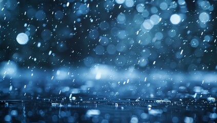 A dark blue background with rain falling down, light snowflakes falling in the sky - obrazy, fototapety, plakaty