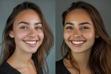 Young Caucasian woman with braces showing her smiles before and after veneers installation for teeth correction and whitening in a dental treatment