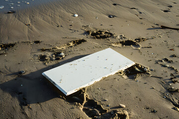 white rectangular safety sign laying flat on sand of british beach, no shadows,