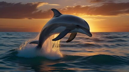 beautiful dolphin jumped from the ocean at the sunset time.generative.ai