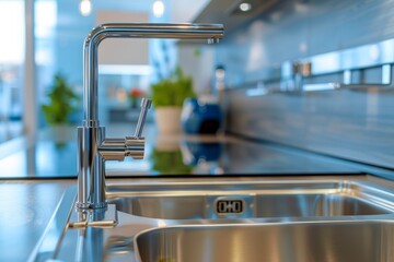Zoom in on contemporary kitchen metallic faucet and sink