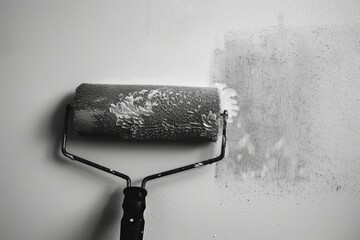Zoom in on paint roller on wall - obrazy, fototapety, plakaty