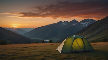 Camping tent at sunset light in beautiful mountains. nature camping theme.generative.ai