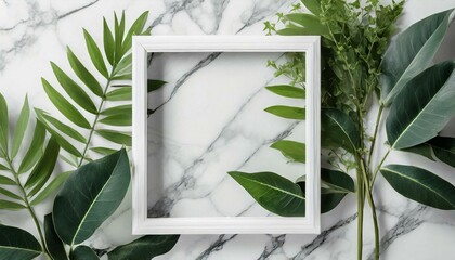 Green Leaves on Marble Background: White Frame for Product Presentation Mockup