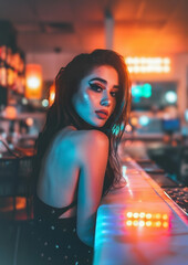 Elegant woman in neon lights at a bar, embodying the vibrant essence of city nightlife