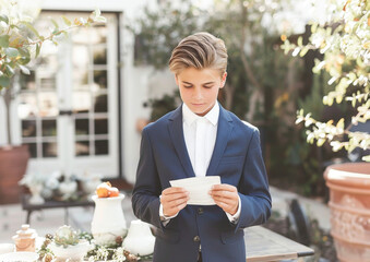 Serene Confirmation Day: Thoughtful Boy in Suit Reading in Sun-Drenched Garden Setting