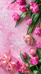 Obraz premium Pink Tulips and Pink Gift Box on Pink Background