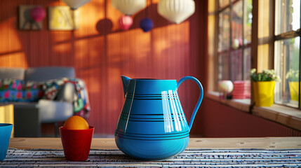 Modern colorful kitchen pitcher on dining table. Contemporary design. Living, kitchen, dining, container. - obrazy, fototapety, plakaty