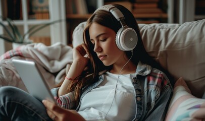 Young woman enjoying music and relaxing on sofa with tablet at home