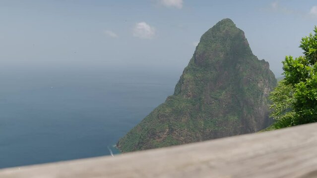 Slow motion of Petit Piton mountain, a UNESCO World Heritage Site on the Caribbean island nation of Saint Lucia.