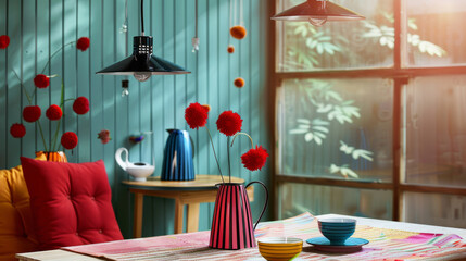 Modern colorful kitchen pitcher on dining table. Contemporary design. Living, kitchen, dining, container.