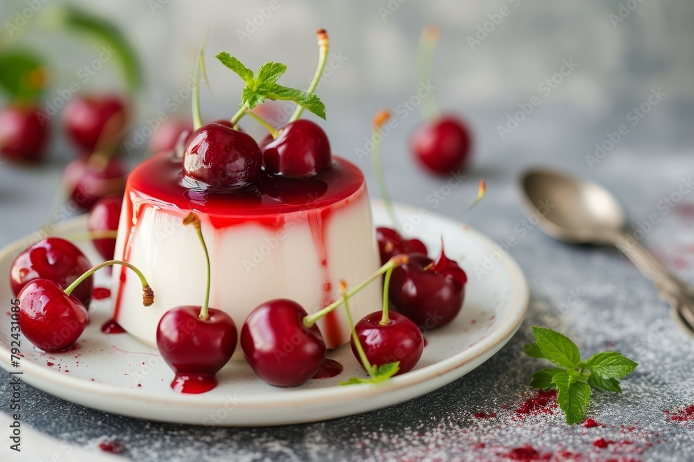 Poster yummy summer panna cotta with cherries and cherry jelly