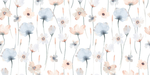 Floral seamless pattern with abstract flowers. Cute watercolor illustration in vintage style. Perfect for fabric, textile, apparel.