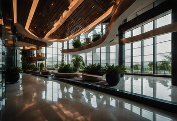 surfaces company entry plants glass estate hotel real architecture interior hall Modern futuristic...