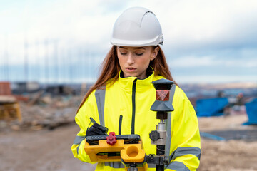 Female site engineer surveyor working with theodolite total station EDM equipment on a building...