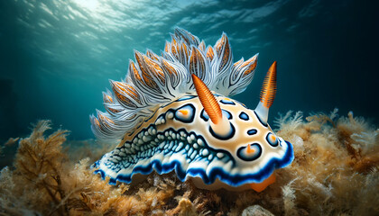 a nudibranch, a type of sea slug, in its natural underwater setting - obrazy, fototapety, plakaty